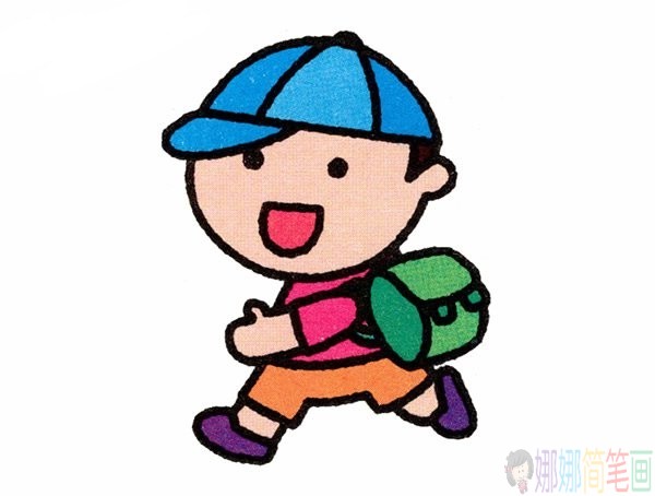 上学的小男孩画法,背书包的小朋友简笔画-1