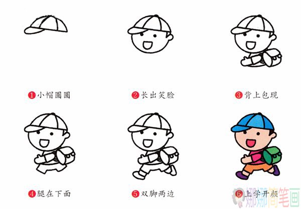 上学的小男孩画法,背书包的小朋友简笔画-2