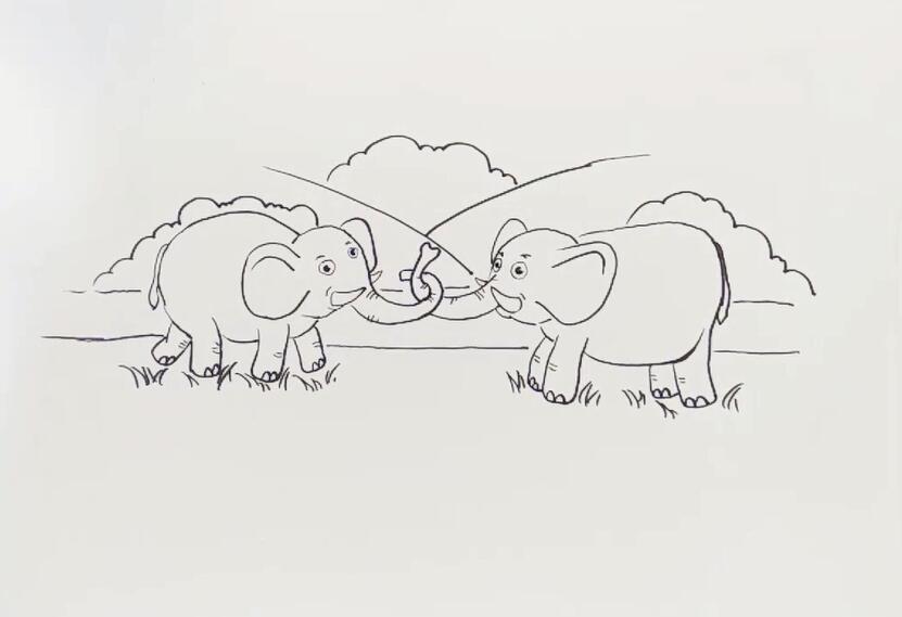 两只大象来拔河简笔画-6