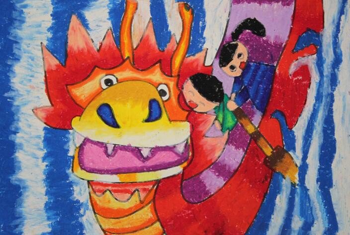 激烈的赛龙舟端午节主题画优秀作品欣赏-1