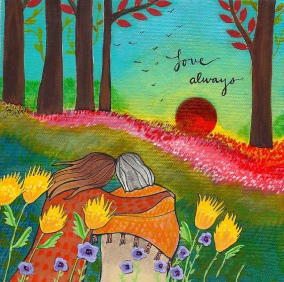 欣赏夕阳的母女俩妇女节儿童画教师范画-1