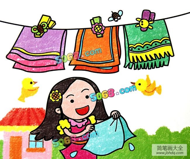 晾衣服的妈妈小学生蜡笔画作品-1