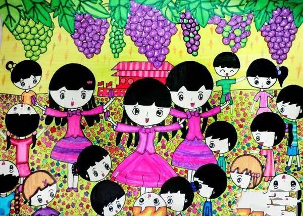 国庆节儿童画画作品欣赏:葡萄丰收庆国庆-1