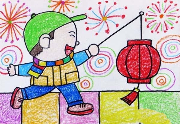 元宵节儿童画油画棒画作品大全：提灯笼的小男孩-1