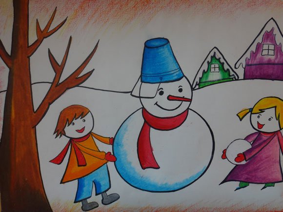 儿童画_打雪仗堆雪人-1
