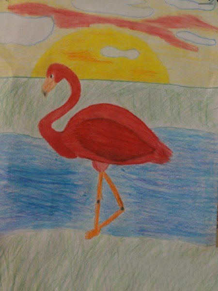 夕阳下的火烈鸟幼儿绘画小鸟作品分享-1