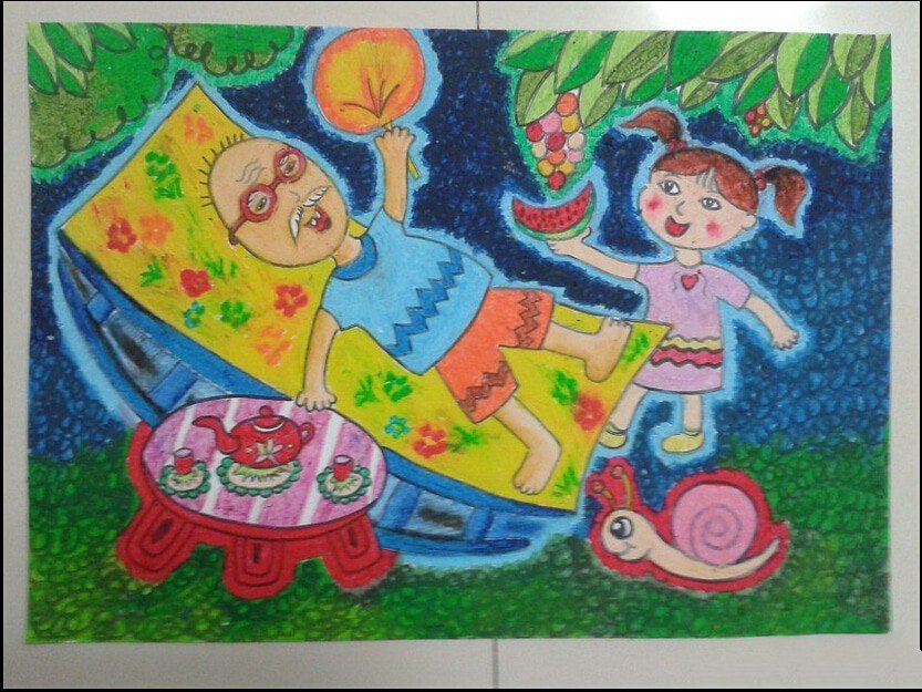 我和我的爷爷,重阳节主题儿童画作品欣赏-1