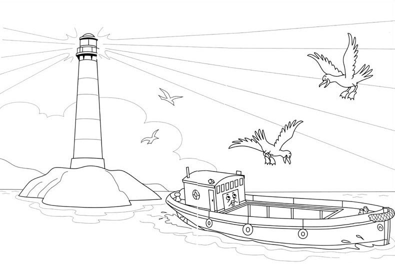 海上货轮及灯塔的简笔画图片-1