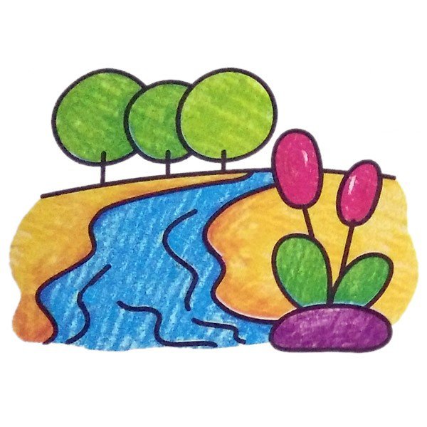 漂亮的河畔风景简笔画图片-2