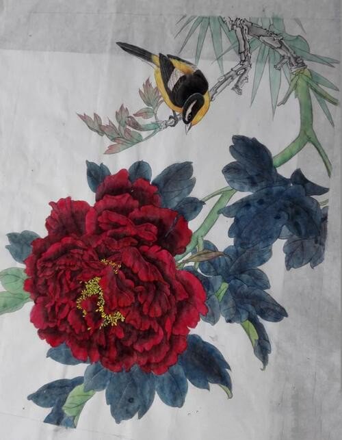 牡丹禽鸟图兼工带写国画-1