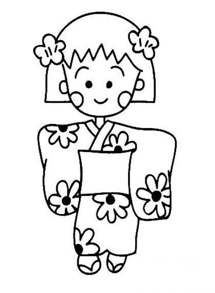 幼儿园卡物人物简笔画大全：穿和服的樱桃小丸子-1