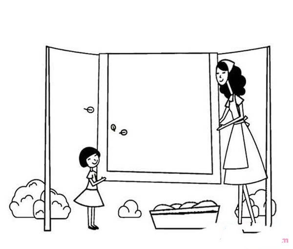 3.8妇女节情景简笔画图片：我帮妈妈晒被子-1