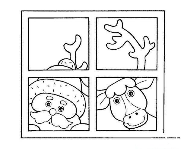 少儿圣诞节简笔画图片：窗外的圣诞老人和麋鹿-1