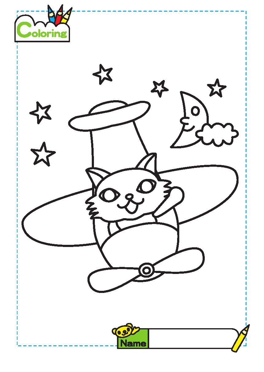 小猫开飞机简笔画涂色卡-1